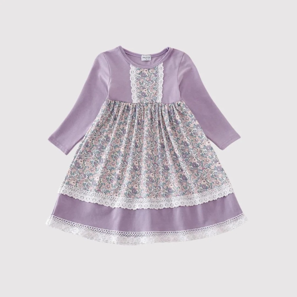 Girl's Lavender Floral Eyelet Ruffle Dress